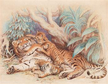 (ANIMALS.) H. LEUTEMANN. Tiger Mother * Two Tamarins.